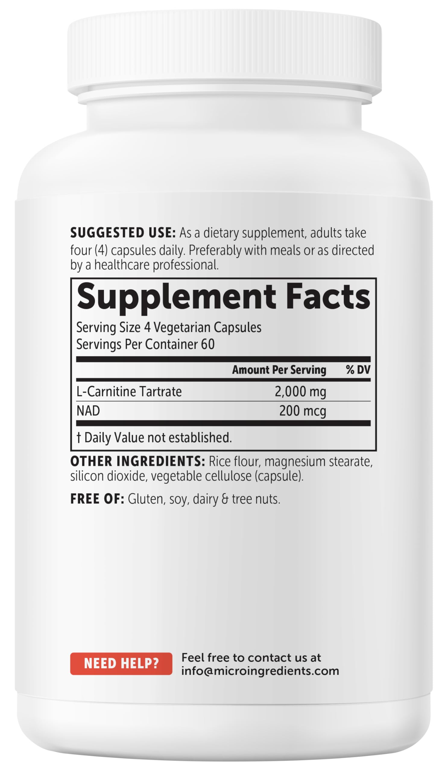 Micro Ingredients L-Carnitine Tartrate 2,000 mg, 240 Vegetarian Capsules | L-Carnitine Supplement with NAD+ | Non-GMO, Gluten Free — Amazon image 8