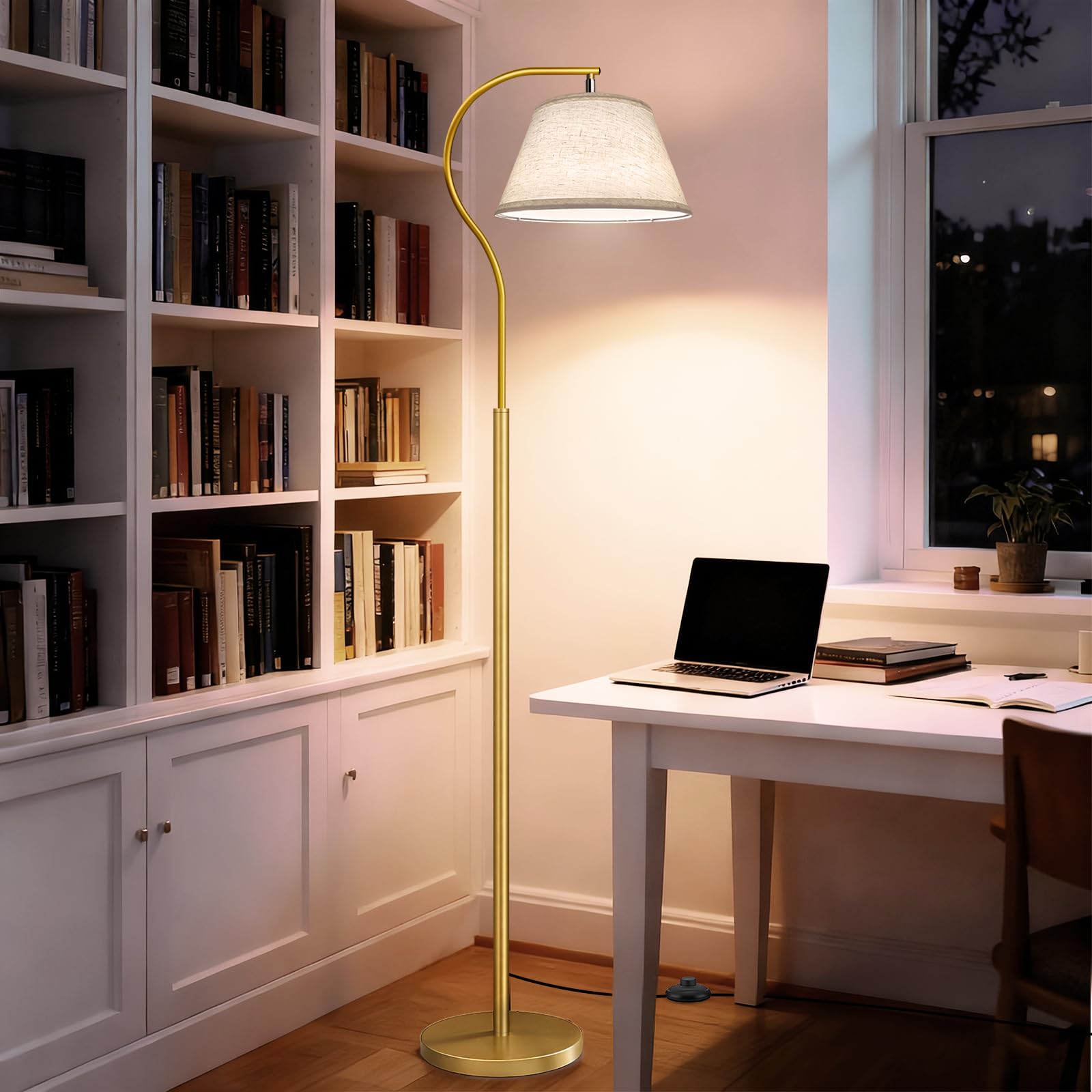 BBHome Lámpara de Pie para Salon, Lámpara de Arco con Pantalla e Interruptor de pie, Lampara pie Moderna con Bombilla LED de 9W, Lampara Salon E27 de 170 cm para salón, dormitorio (Dorado)