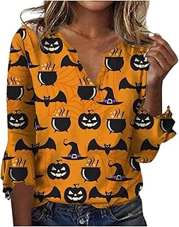 Sweatshirts for Women UK Bell 3/4 Sleeve V Neck Sweatshirts Pumpkin Printed Pullover Sweatshirts Women Autumn Winter Comfy Sweatshirts Fashion Halloween Graphic Tops Halloween Costumes for Women