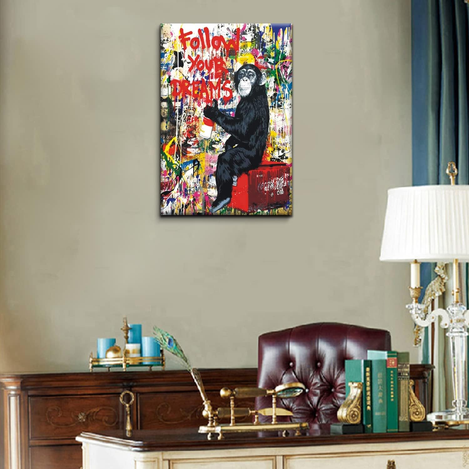 Banksy Street Graffiti Monkey Inspirational quotes Animal Canvas Art for Living Room Office Wall Decor Home Decoration Framed Ready to Hang,bedroom decor for men (Graffiti monkey, 24inchx16inch)