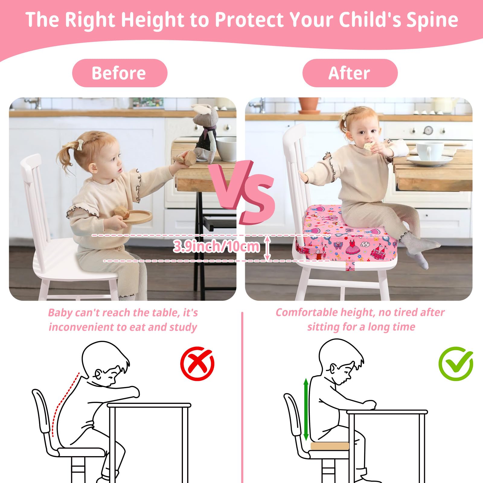 Rialzo Sedia Bambini Da Tavolo Riduttore Portatile Alzasedia Per Bambini Alzatina Sedia Cuscino con 2 Cinture Di Sicurezza(Principessa Rosa)