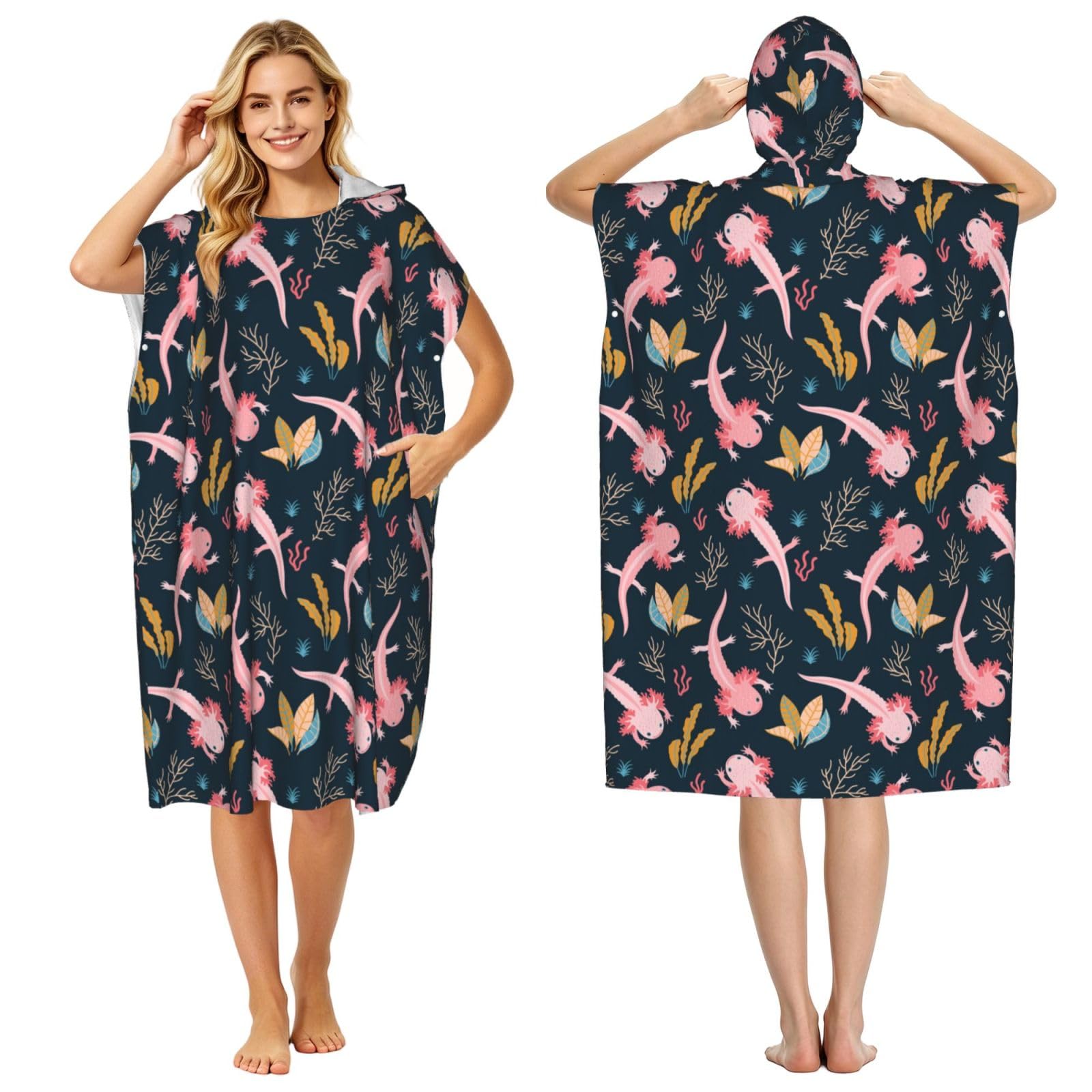 Poadnly Cute Axolotls, Adult Hooded Beach Towel 90 x 110 cm,Changing Bath Robe, Surf Poncho Towel For Women Men