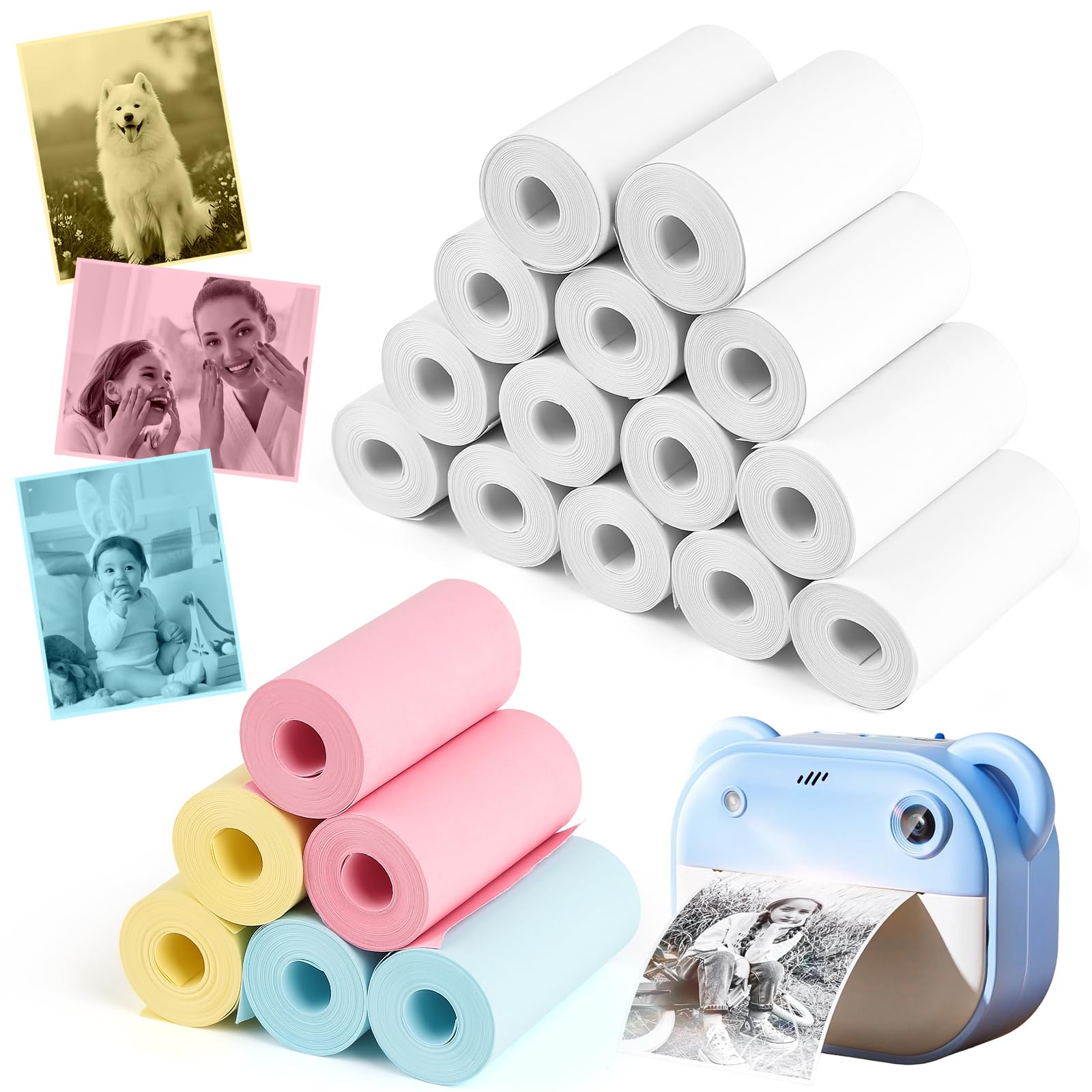 Zestaw 20 rolek papieru do drukarki termicznej, do aparatu dziecięcego, 14 rolek białych i 6 rolek (niebieski/różowy/żółty), papier termiczny 57 x 25 mm, do zdjęć, notatek, etykiet
