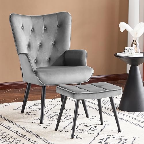 Miniatura 9 de Furniliving Silla decorativa de terciopelo, moderna silla lateral tapizada con patas cónicas, botón copetudo, respaldo alto, silla de lectura para