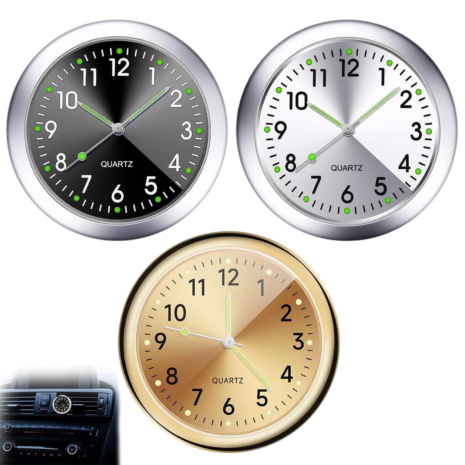 Nadiaen Car Clock,3 Pcs Mini Luminous Car Dashboard Small Stick on Digital Clocks Round Quartz Watch Digital Timer Onboard Air Vent Dash Easy To Read Time for Automotive Boat Bike Home Accessories