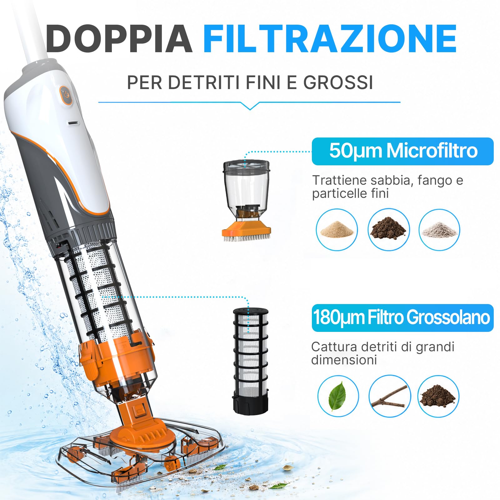 Aspirapolvere Piscina a Batteria, Aspiratore Piscina Senza Fili | Doppia Filtrazione Aspirapiscina, Aspiratore per Spa, Piccole Piscine, Vasche Idromassaggio, Autonomia 60 Minuti, Arancione