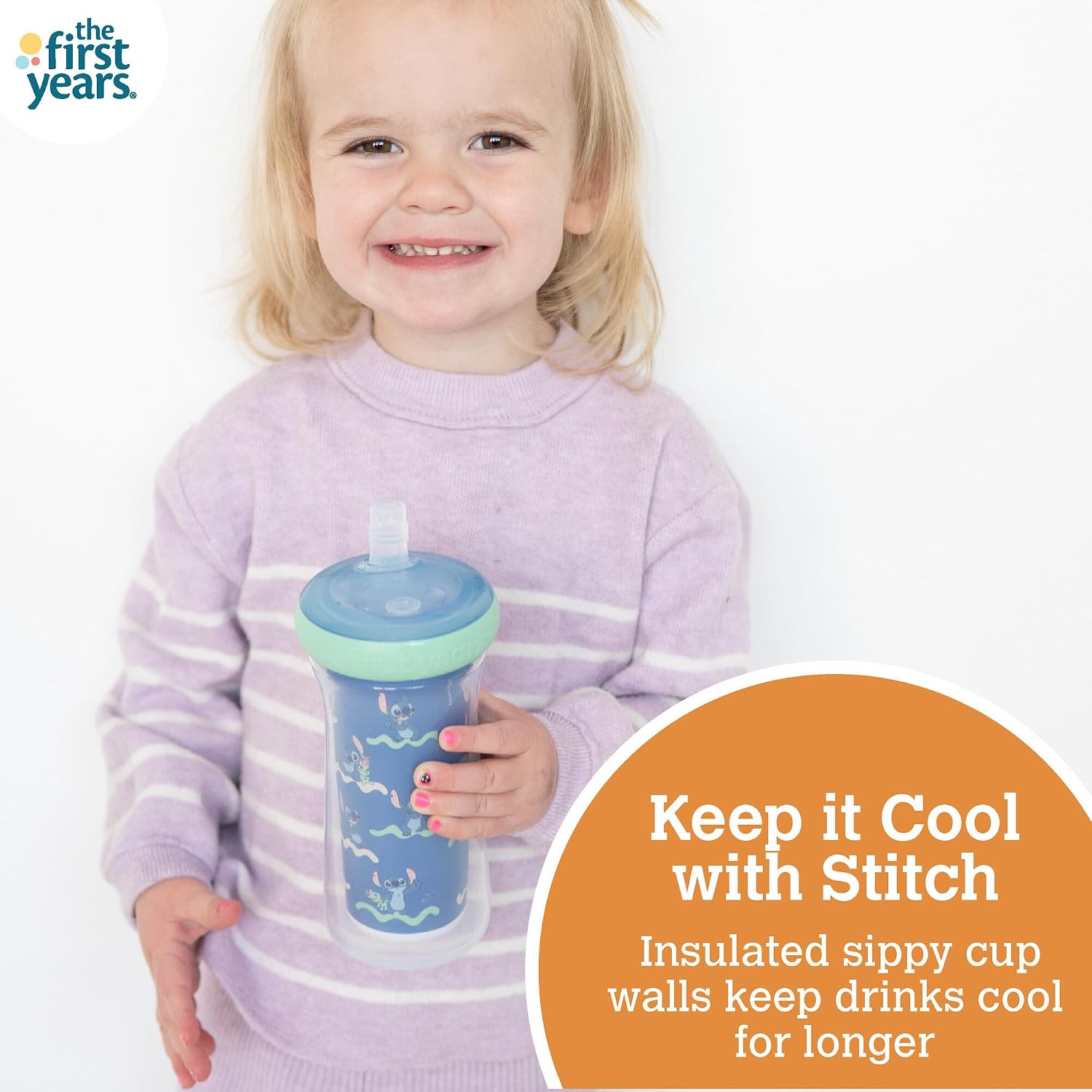 The First Years Stitch Insulated Straw Cup - Stitch Sippy Cups with Straw - Kids Water Bottles - 9 Oz - 2 Count - Ages 18 Months and Up