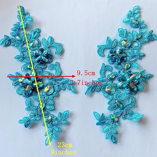 Miniatura 27 de Zbroh Parches de tela de encaje fino bordados con diamantes de imitación bordados, decoración de vestido para coser en lentejuelas cuentas, Azul