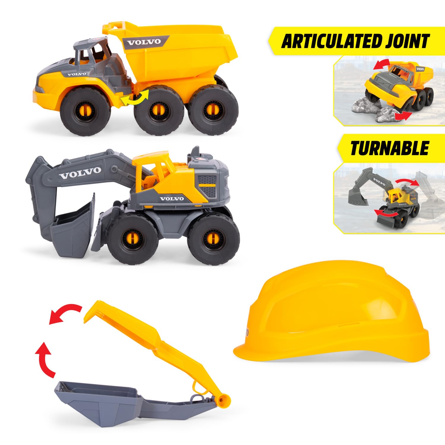 Dickie Toys - Volvo zestaw budowlany Construction (5-częściowy) – duża koparka do zabawek i wywrotka (po 26 cm) z kaskiem, szuflą i sitkiem do grabienia, zabawka do samochodu i piasku dla dzieci od 3
