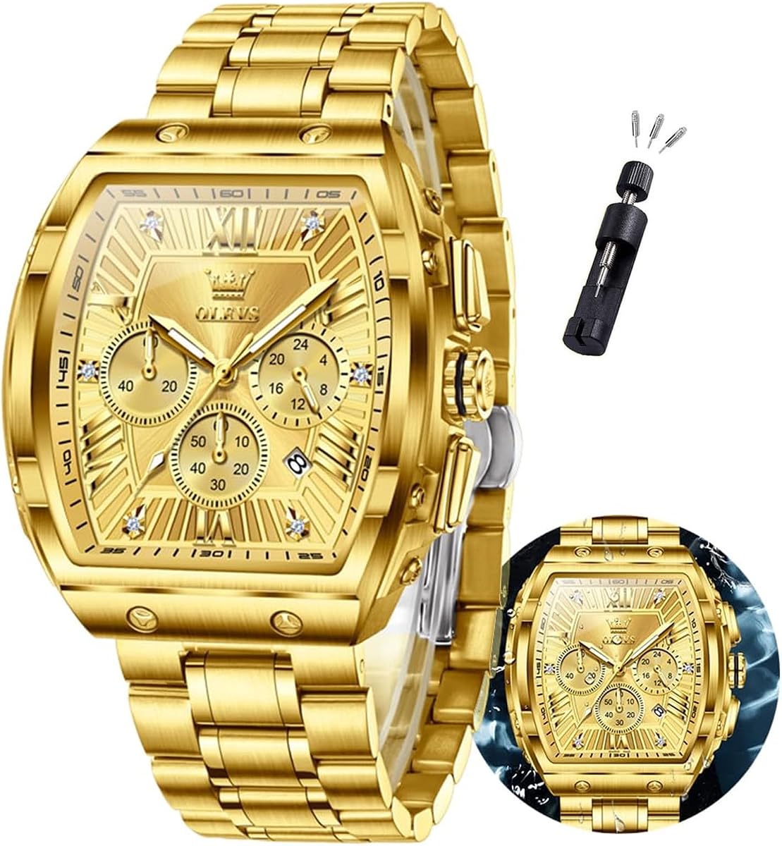 OLEVS Watches Men Chronograph Waterproof Rectangle Face Moon Phase Stainless Steel Strap Dress Watches for Men Luminous Quartz Calendar Mens Wrist Watch