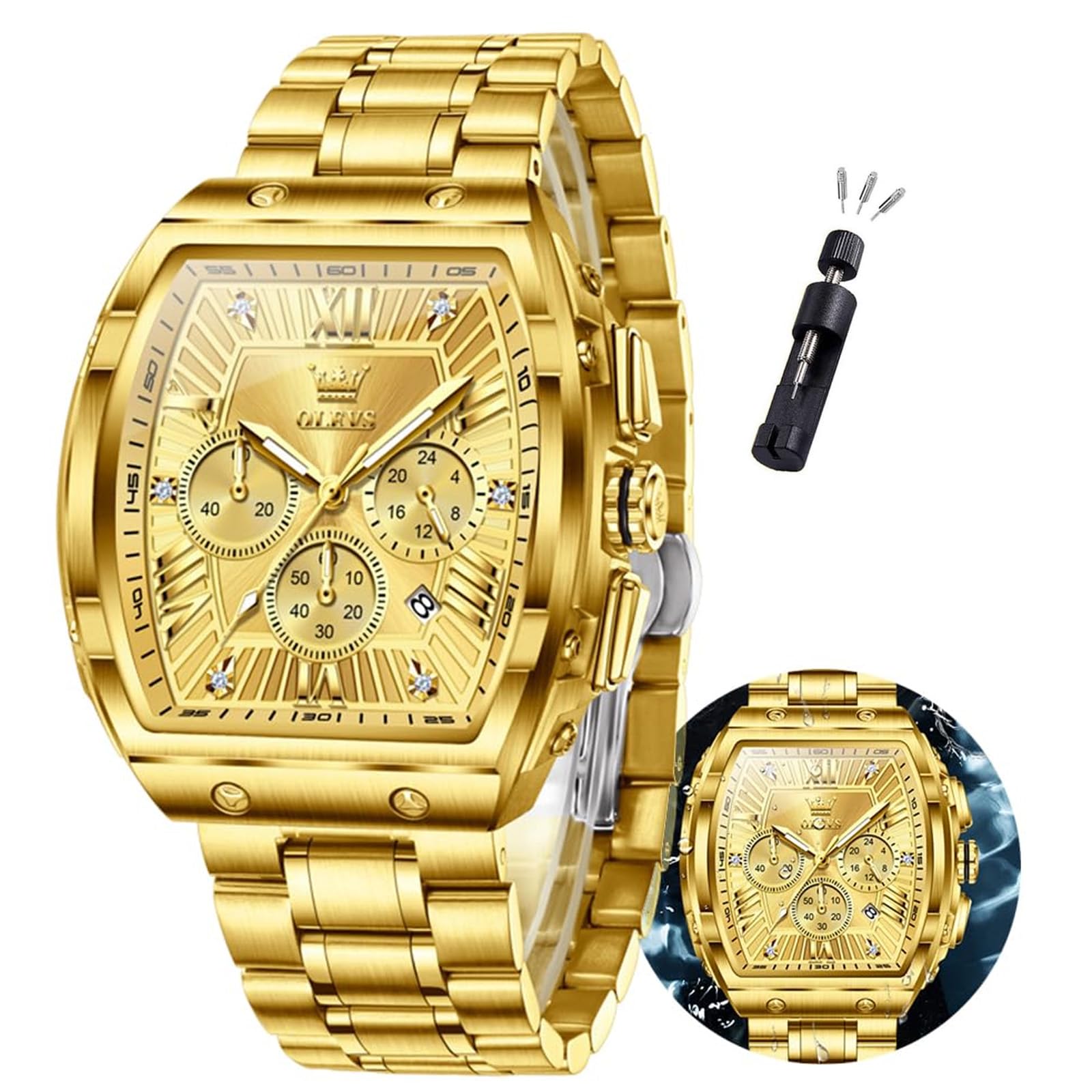 OLEVS Watch Men Big Square Face Chronograph Stainless Steel Dress Watch
