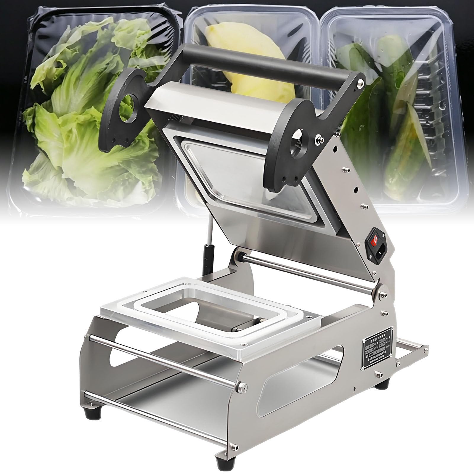 Máquina de sellado térmico para bandejas de alimentos, semiautomática, control de temperatura de perilla, velocidad de 7 a 8 veces/minuto, ancho de película de rollo de 180 mm, equipo de embalaje
