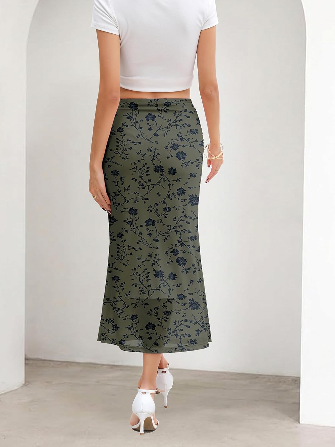 Women's Floral Mesh Midi Skirt Boho Y2k High Waisted Skirts for Spring Summer Fall Trendy - Image 3