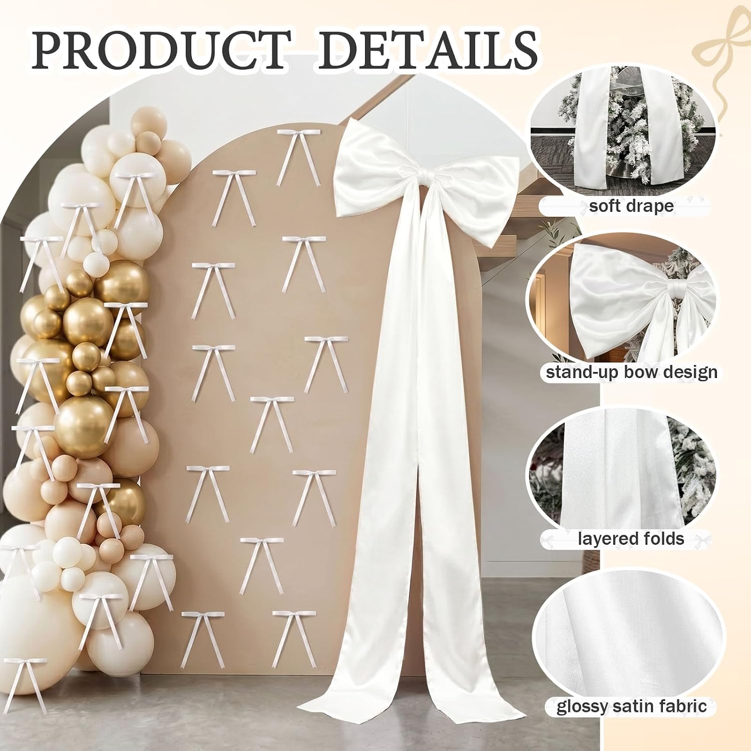 JOVIPOP Extra Long White Bow Decorations 72x27Inch | Coquette Decor for Wedding, Birthday Party, Bridal Shower, Valentine's Day, Christmas, Sweet Theme Decor