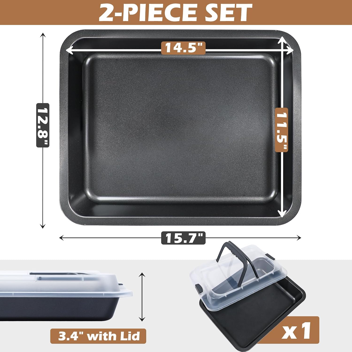 Webake 15x10 Baking Pan with Lid and Handle, Non-Stick Jelly Roll Pan, 2-Piece Set Rectangle Cake Carrier for Transport & Serve