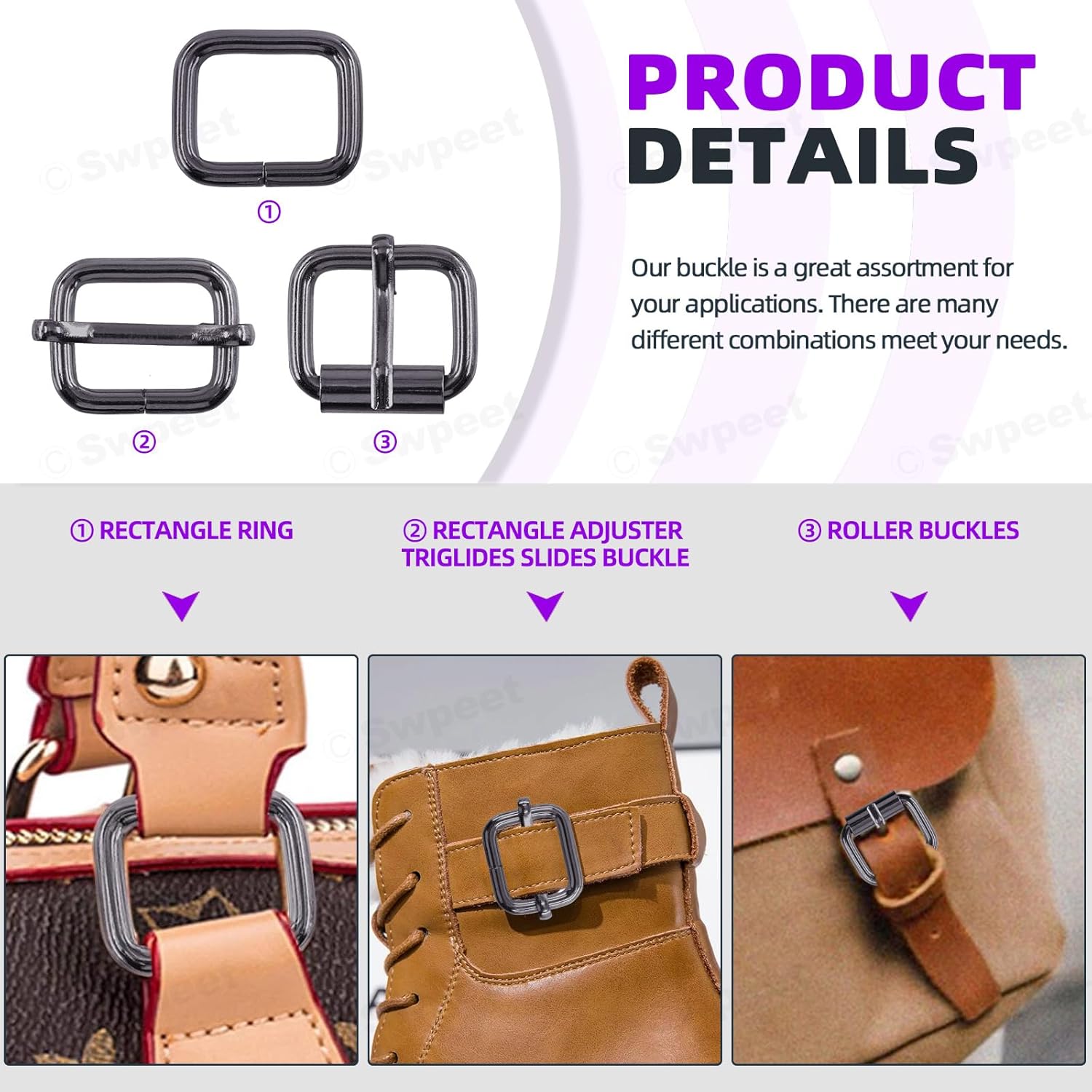 Swpeet 5 Style Metal Buckles - Adjustable Slide, D Ring, Circular Ring - Image 4