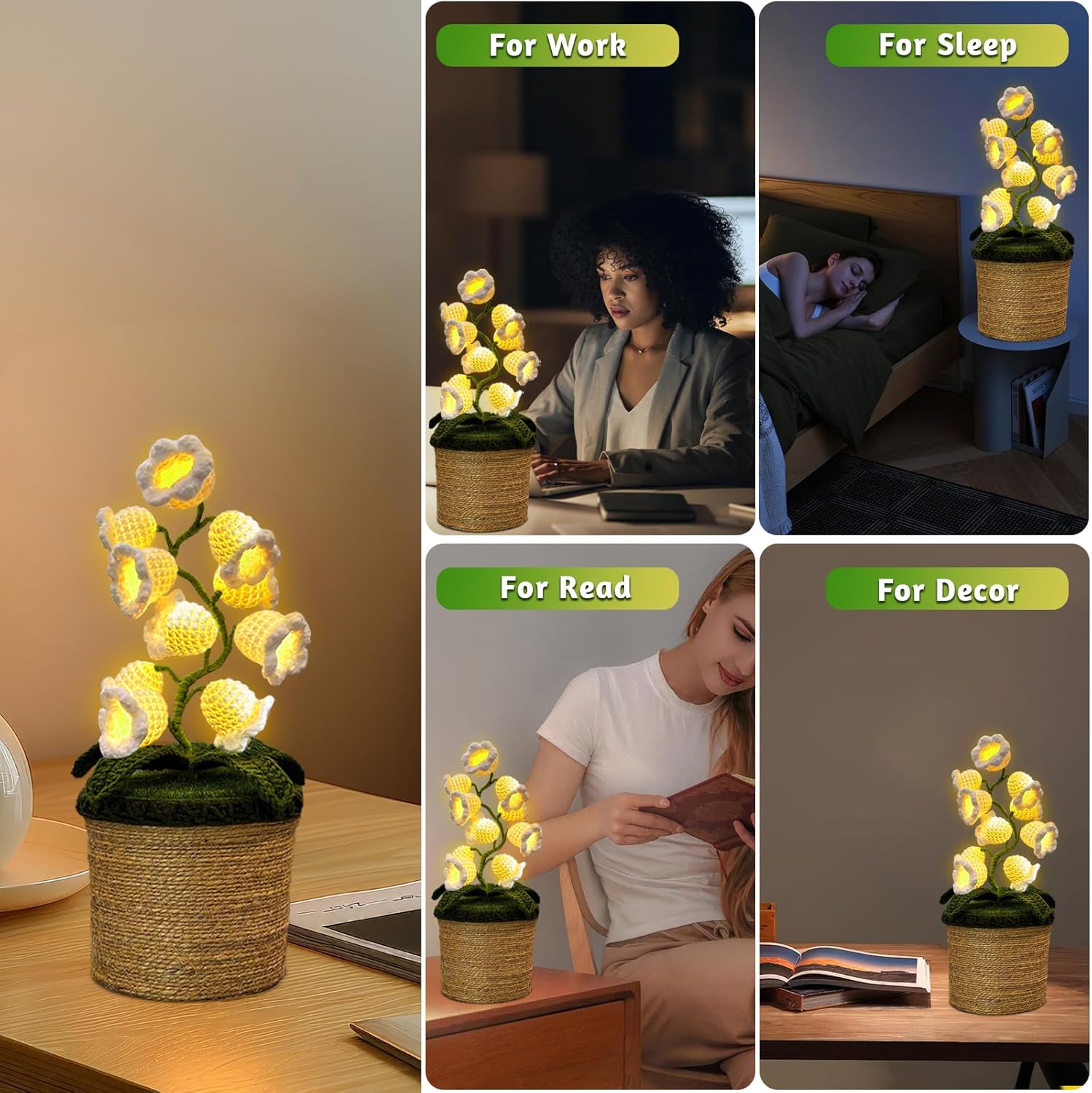 AVEKI Lily of The Valley Lamp, Handmade Crochet Artificial Flower Lamp with Warm Light, Cute Desk Lamp for Bedroom, Battery Power Decor LED Night Light, Gift for Mom Daughter Girlfriend (Warm)