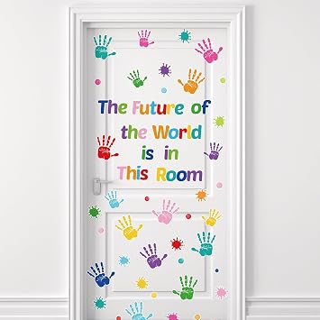 Colorful Inspirational Door Decal - The Future of The World is in This Room Window Door Clings Stickers Handprint Motivational Sticker Positive Saying Wall Decals for Classroom Nursery Bedroom Decors