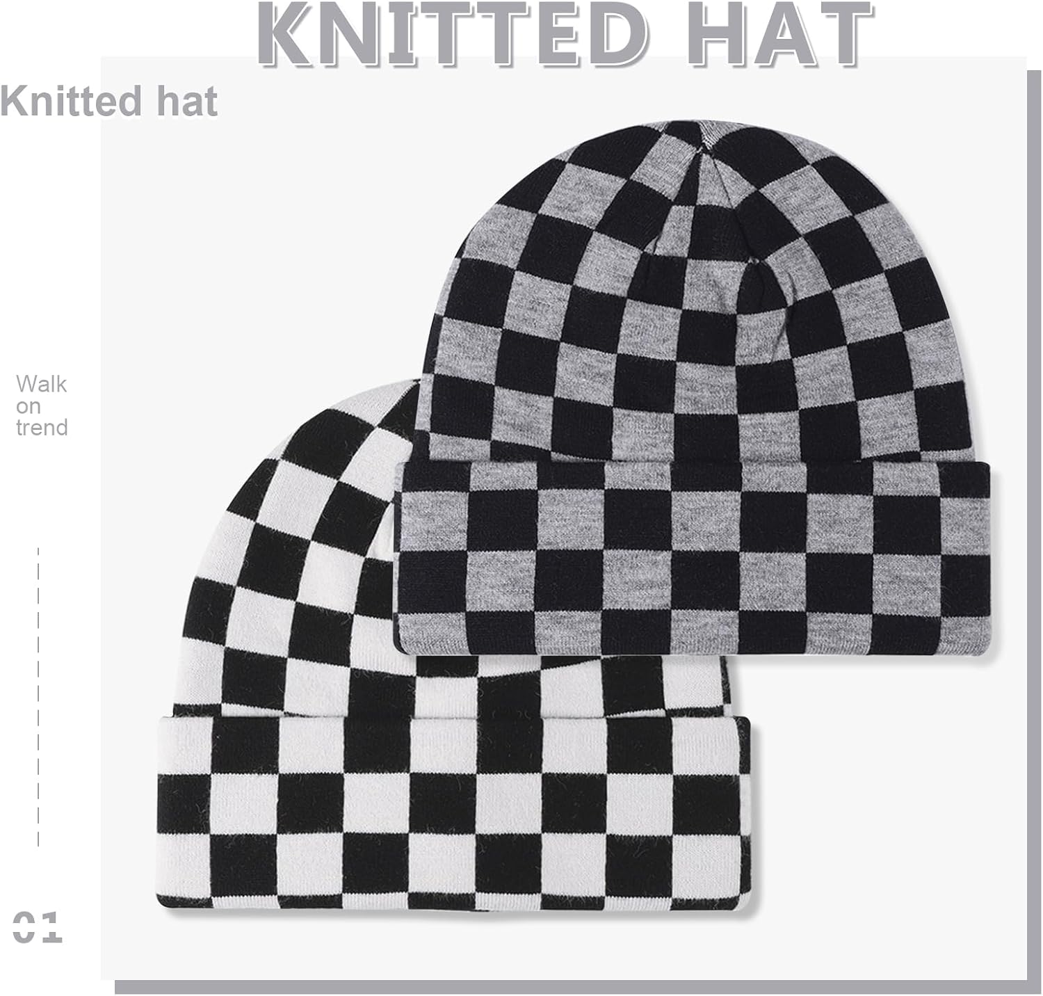 Knitted Beanie - Men Women Checkerboard Pattern Cuffed Slouchy Stretchy Warm Winter Hat Baggy Skull Cap - Image 3