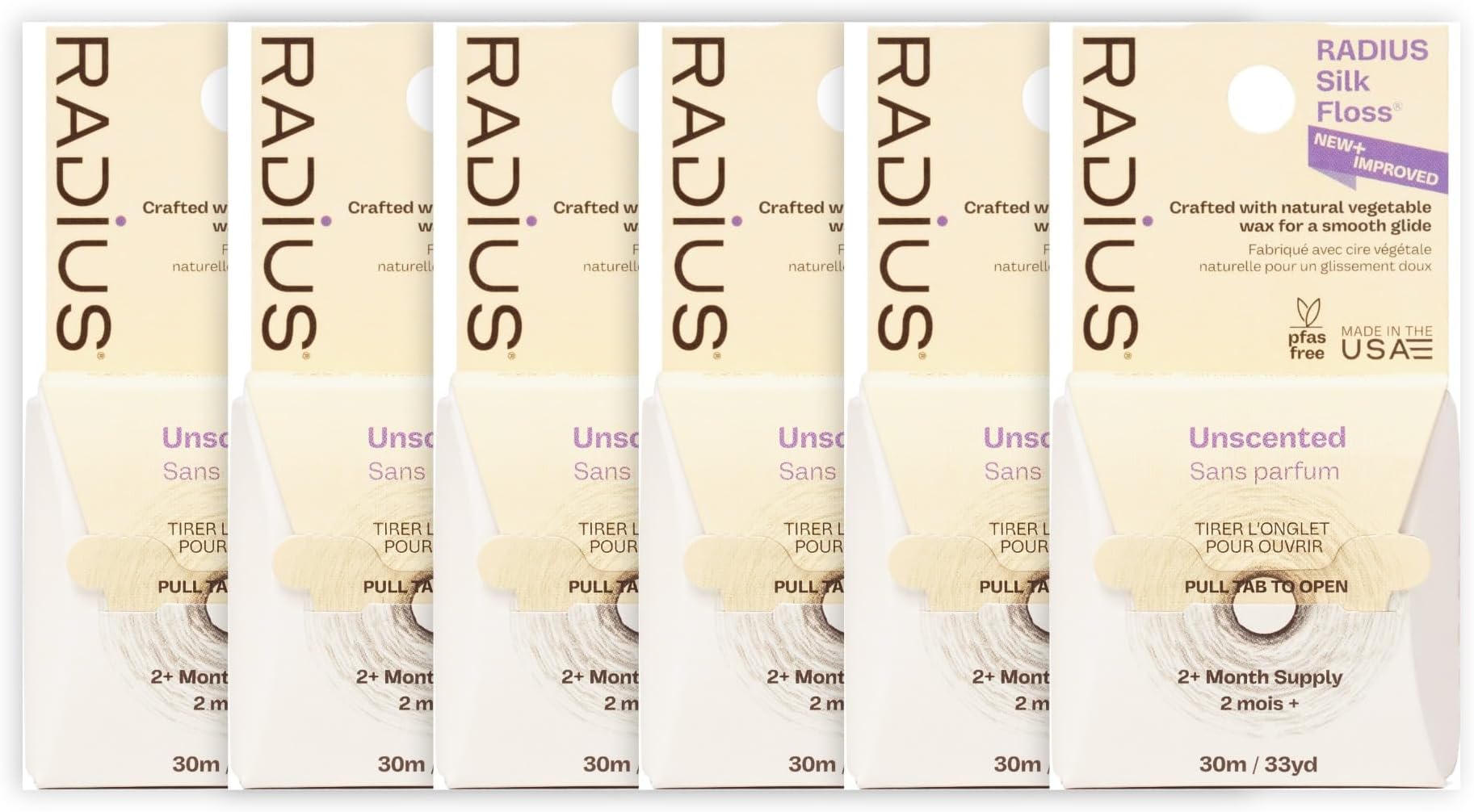 RADIUS Natural Unscented Silk Dental Floss 33 Yards Compostable Non-Toxic Oral Care & Designed to Help Fight Plaque Clear - Pack of 6