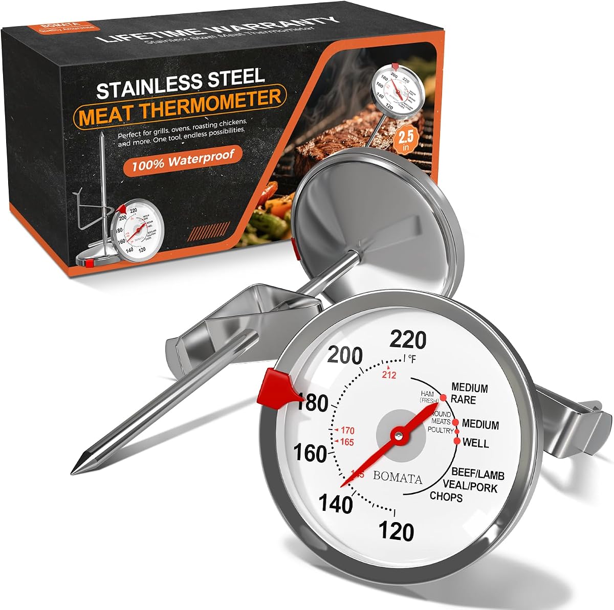 BOMATA 2 Pack Meat Thermometer Oven Safe, Leave in Probe Food Thermometer | 2.5 in Extra-Large Dial, IPX8 Waterproof, NSF Certified, 304 Stainless Steel, for Cooking, Steak, Chicken, Turkey, Pork, Lamb