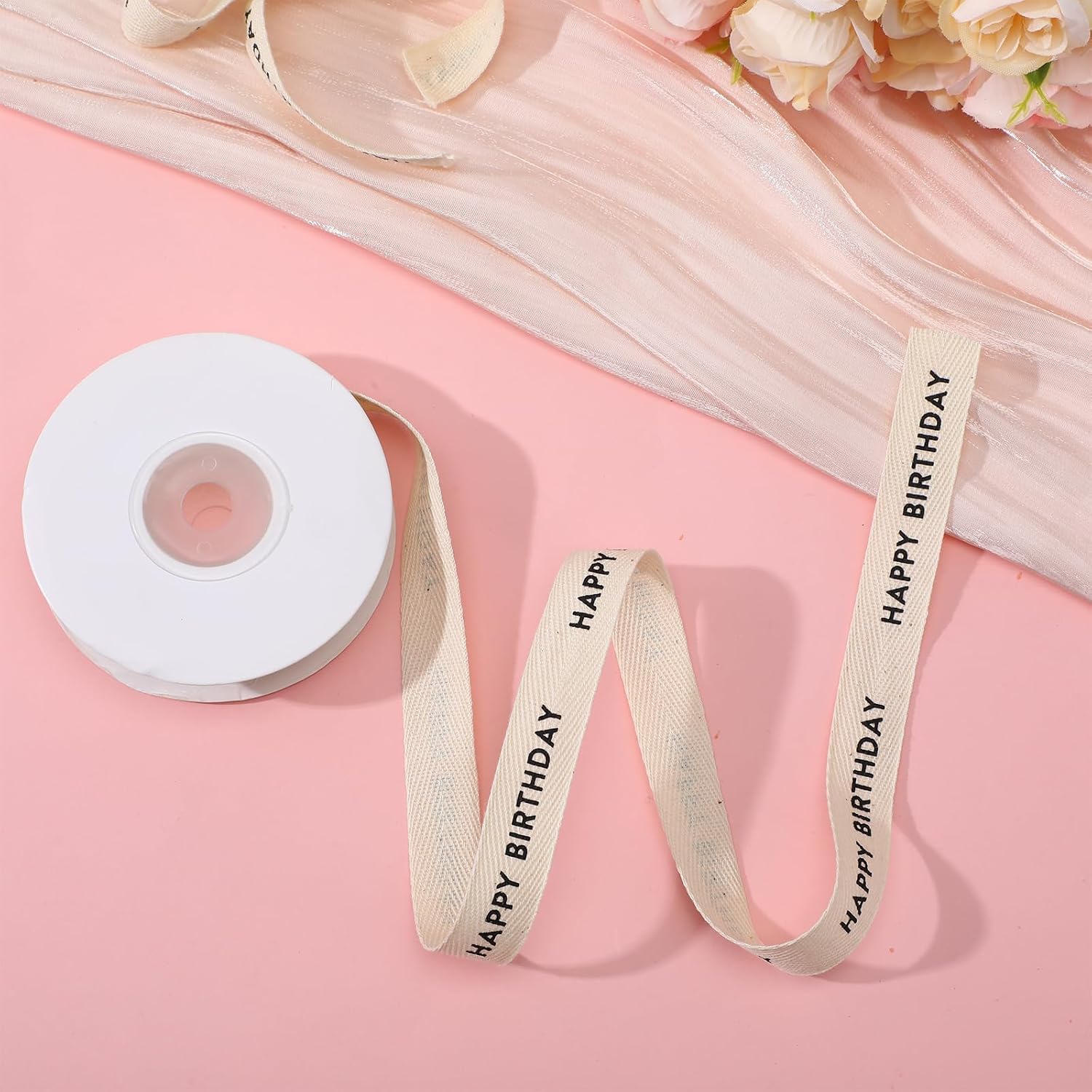Happy Birthday Cotton Ribbon, 5/8 Inch x 10 Yard Natural Twill Tape for Gift Wrapping Bouquet Crafts Baking Crafts Birthday Party Decoration