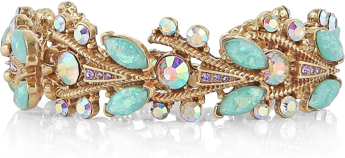 HZMAN Antique Style Chunky Cuff Bracelet with Opal and Colorful Crystals, Adjustable Handmade Brass Jewelry for Women, Vintage Gift