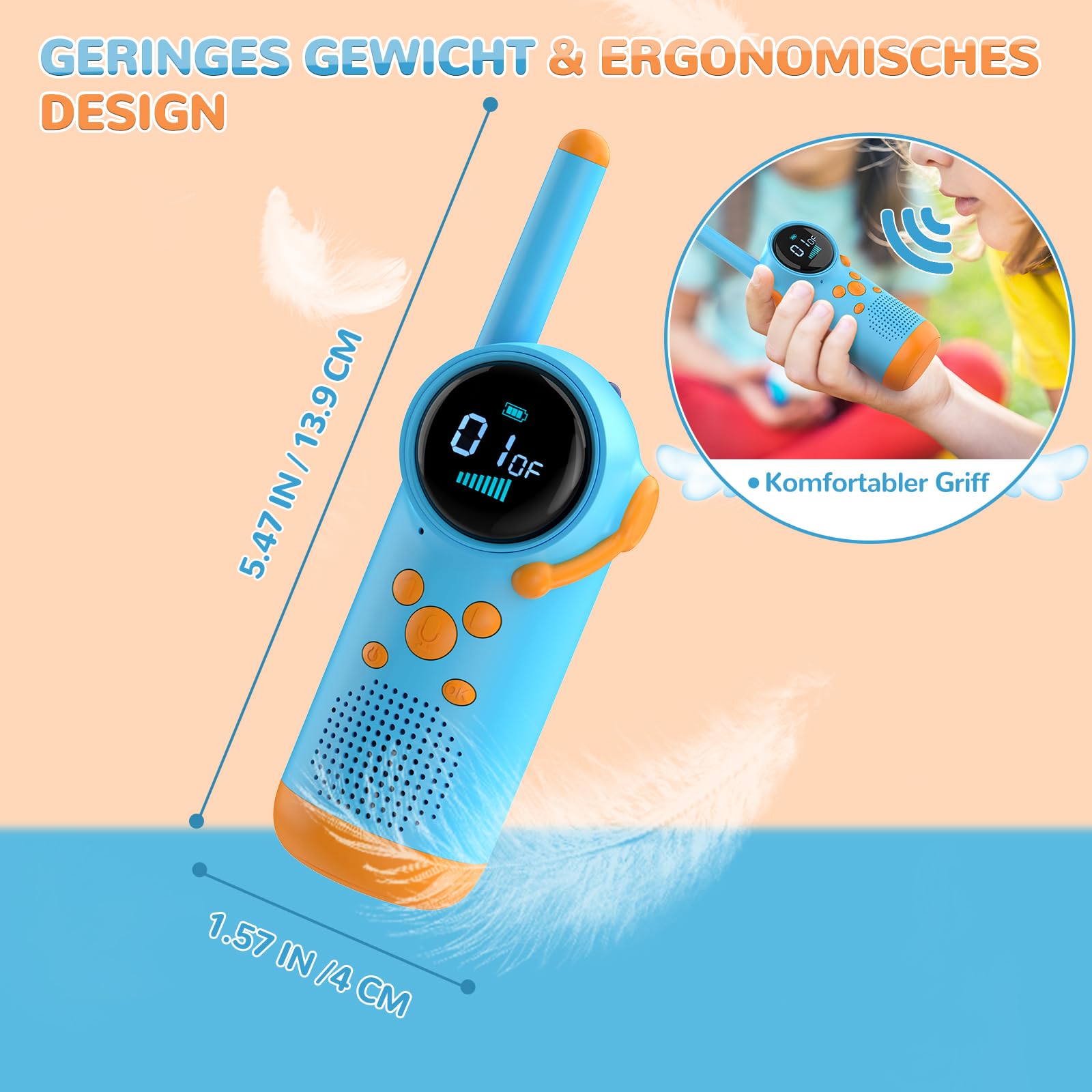 Kearui Walkie Talkie Kinder, Walkie Talkies Spielzeug für 3-12 Jahre, Aufladbar Funkgeräte Kinder mit VOX Funktion, LED Taschenlampe, Tastensperre für Abenteuer im Freien, Camping, Wandern (Blau)