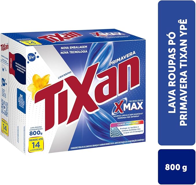 Embalagem do Tixan Ypê Primavera exibida de lado com informações sobre o peso e rendimento de 14 lavagens.