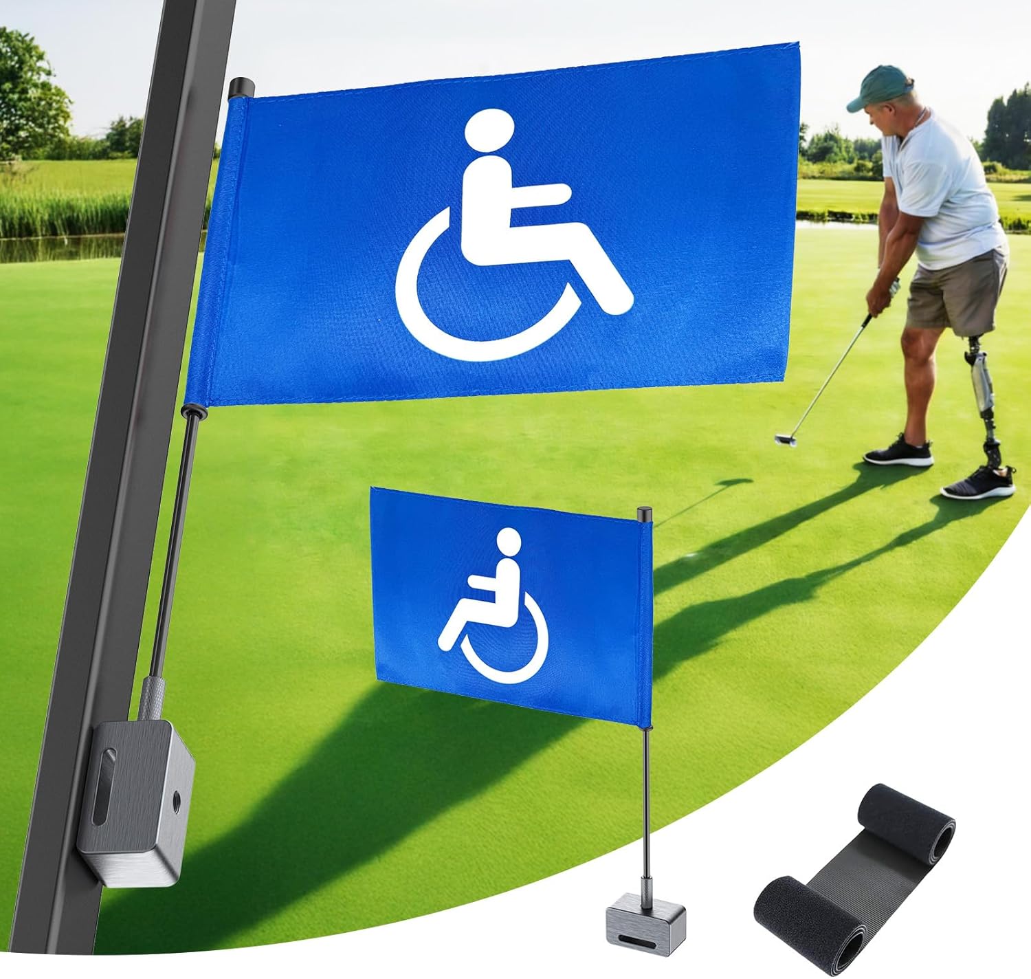 Magnetic Golf Cart Flag, Aluminum Alloy Base,9 x 6" Handicap Flag with Dual Mounting Positions, Stable Installation Golf Pin Flag, Golf Gifts
