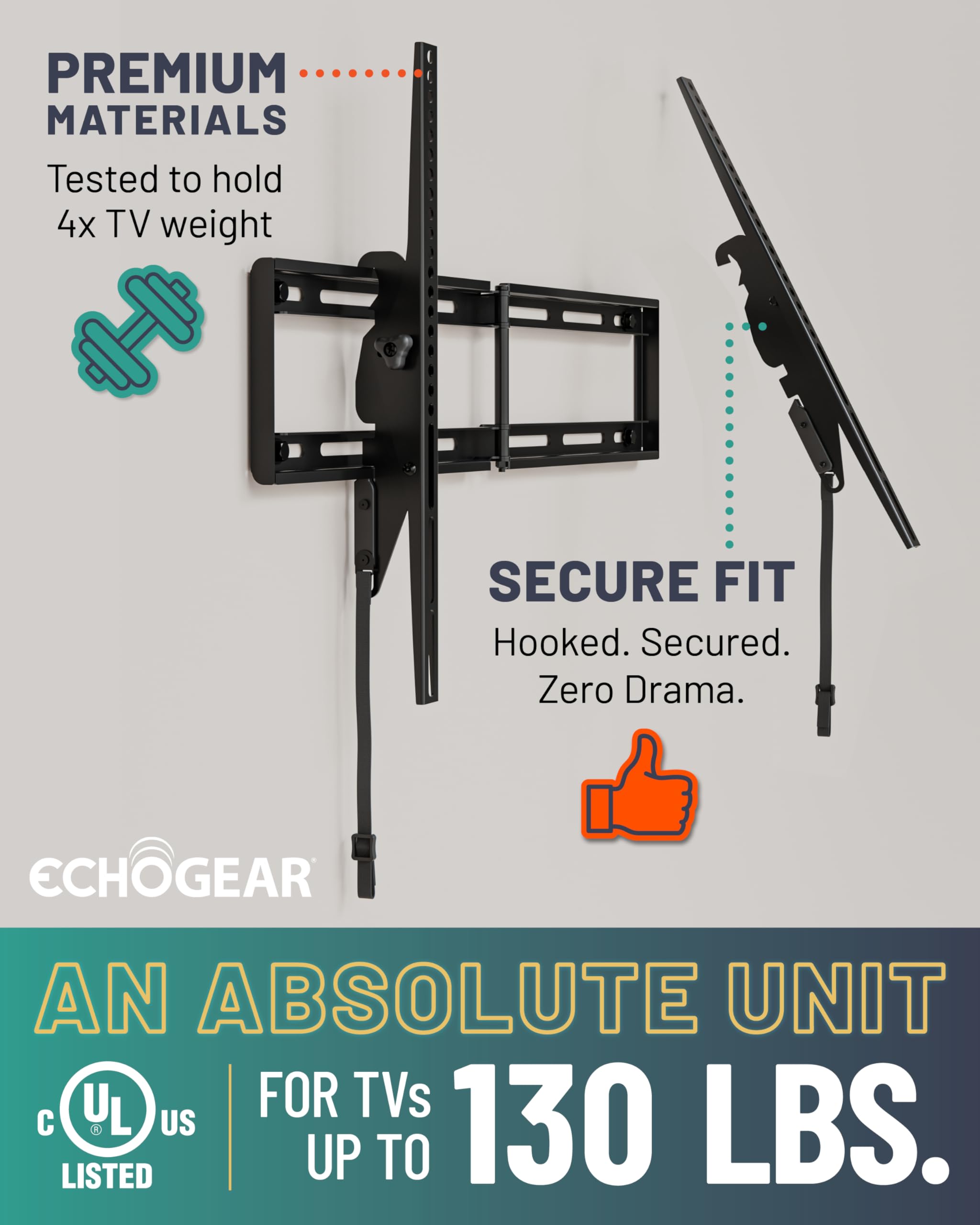 ECHGOGEAR XL Tilting TV Wall Mount for 42” to 95” TVs up to 130lbs – Reduce Glare w/ 10 deg Tilt - Universal TV Mount w/Easy DIY Install, Foldable Bracket, Drilling Template & Included Hardware