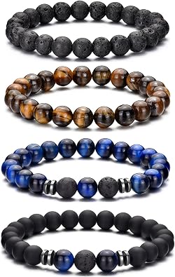 RANKEEF Tiger Eye Bracelet For Men 8MM Natural Stone Beads Bracelet Set Stretch Lava Rock Bracelets Adjustable Black Crystal Beaded Bracelet for Men Women Gifts