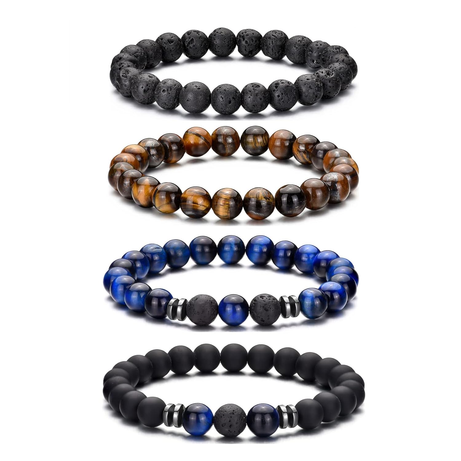 RANKEEF Tiger Eye Bracelet For Men 8MM Natural Stone Stretch Adjustable Black Crystal Beaded Bracelet for Men Women