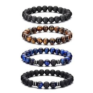RANKEEF Tiger Eye Bracelet For Men 8MM Natural Stone Stretch Adjustable Black Crystal Beaded Bracelet for Men Women