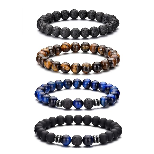 RANKEEF Tiger Eye Bracelet For Men 8MM Natural Stone Stretch Adjustable Black Crystal Beaded Bracelet for Men Women