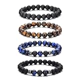 RANKEEF Tiger Eye Bracelet For Men 8MM Natural Stone Stretch Adjustable Black Crystal Beaded Bracelet for Men Women Gifts