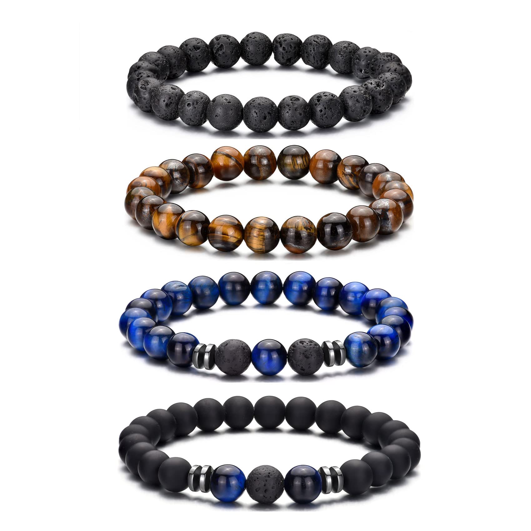 RANKEEF Tiger Eye Bracelet For Men 8MM Natural Stone Stretch Adjustable Black Crystal Beaded Bracelet for Men Women