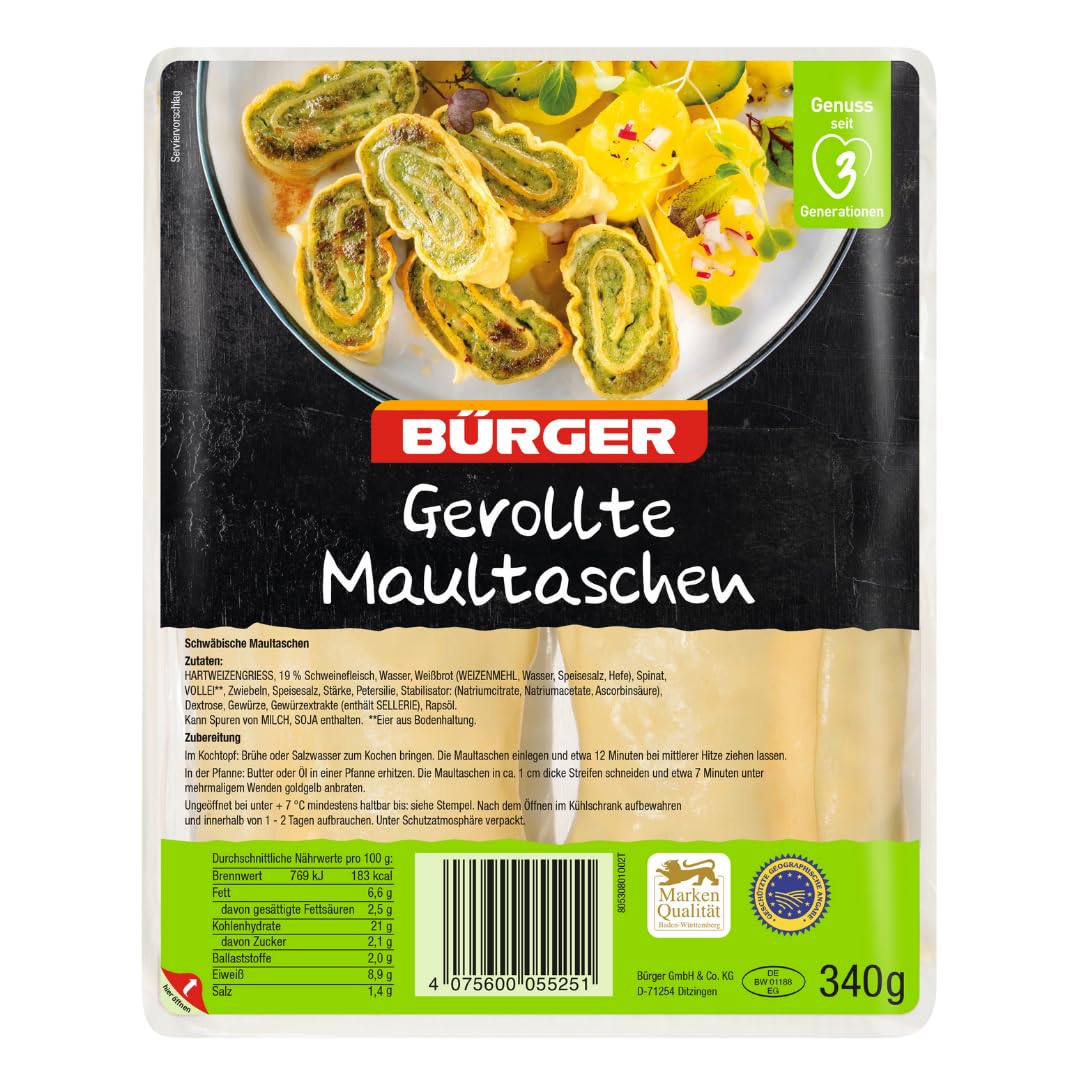 BÜRGER - Gerollte Maultaschen 6 x 340 g – Traditionell, herzhaft gefüllt, schwäbischer Genuss - vorgegart, gekühlt, ideal zum Kochen, Braten & Überbacken