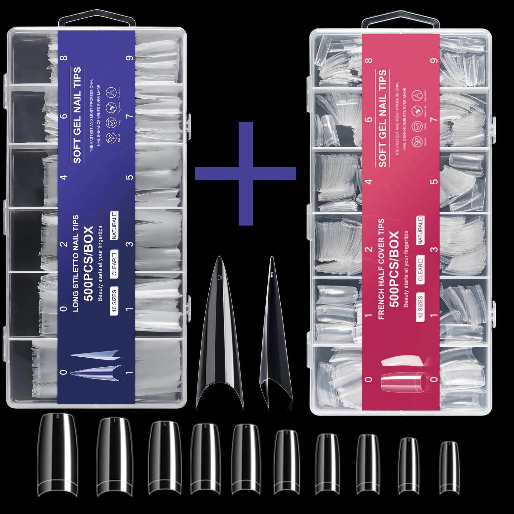 500PCS Clear False Nails Tips and 500PCS Stiletto Nail Tips with Box for Halloween Nail Salon and Home DIY