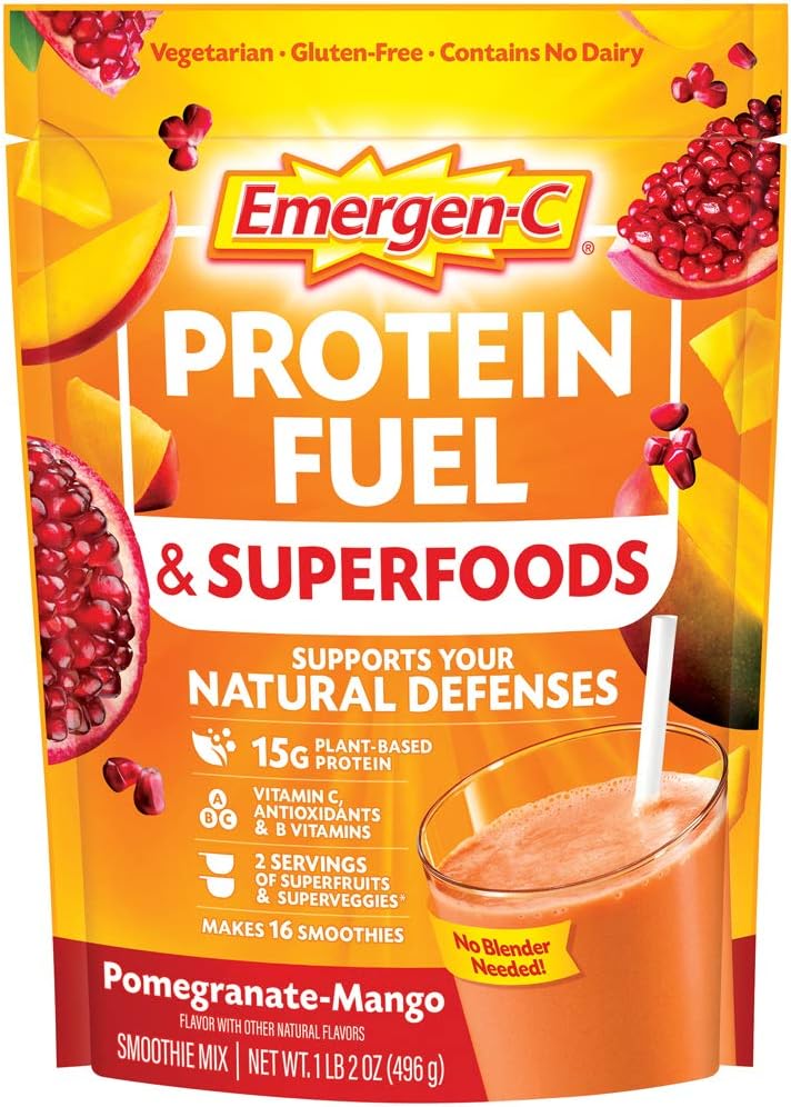 Emergen-C Protein Powder Fuel & Superfoods (16 Servings, Pomegranate Mango Flavor) Plant-Based & Vegetarian Shake Mix with Organic Superfoods, Vitamin C & Other Antioxidants