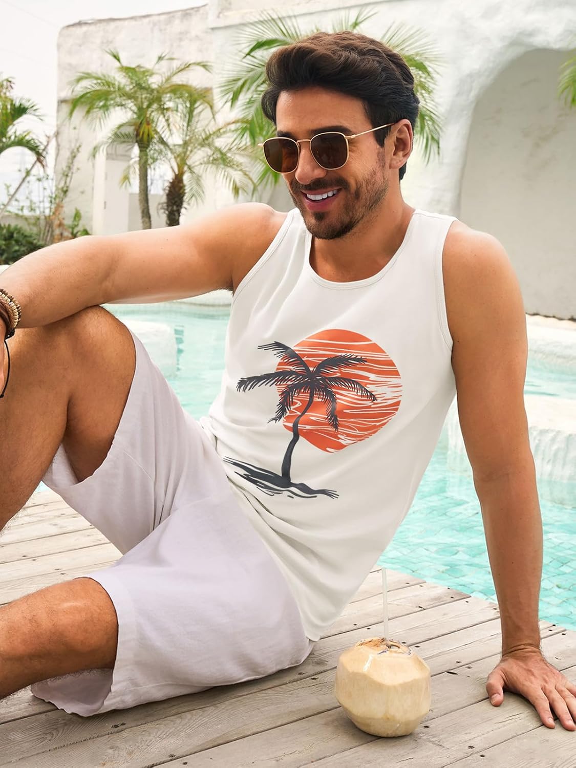 Mens Sleeveless Tank Tops Workout Gym Shirts Palm Tree Vintage Style T-Shirt - Image 3