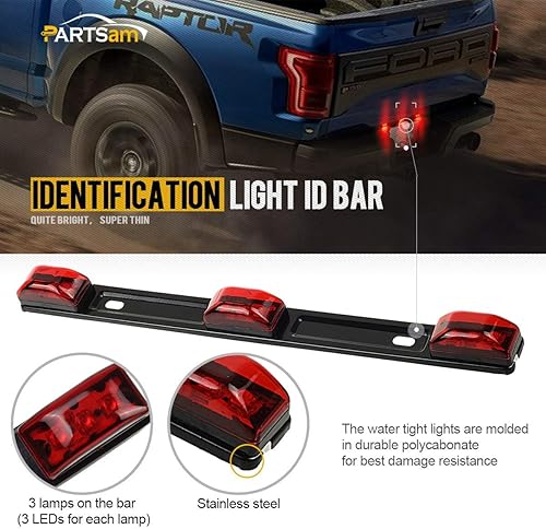 Miniatura 2 de Partsam Kit de luz LED de remolque de 12 V, barra de luz de identificación de remolque de camión de 14.17 pulgadas, 9 LED, 3 lámparas, barra de luz