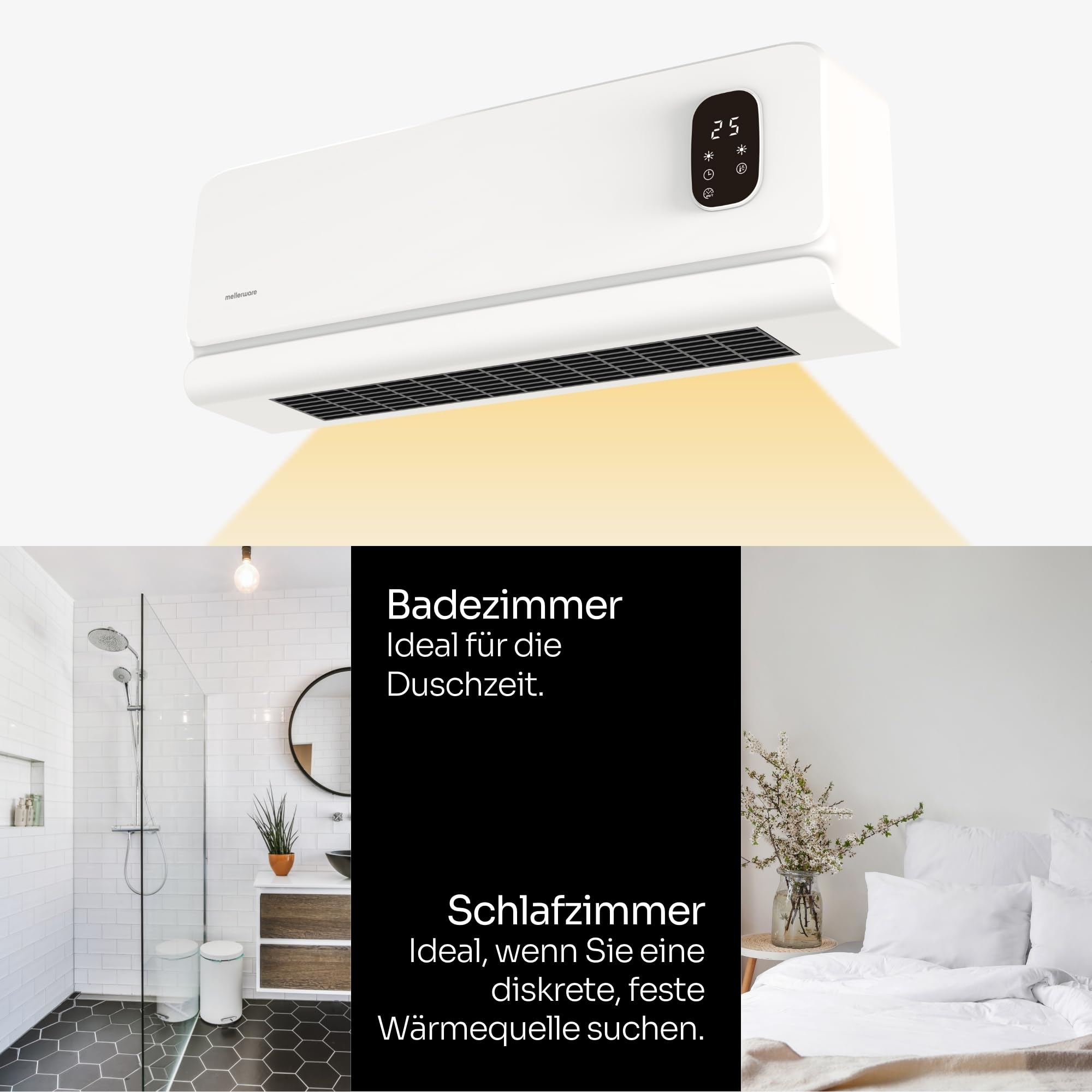 Mellerware Homy Wall Wandheizer, energiesparend, Keramik, 2000 W, Timer, 2 Temperaturstufen, LED-Display, Fernbedienung, Überhitzungsschutz