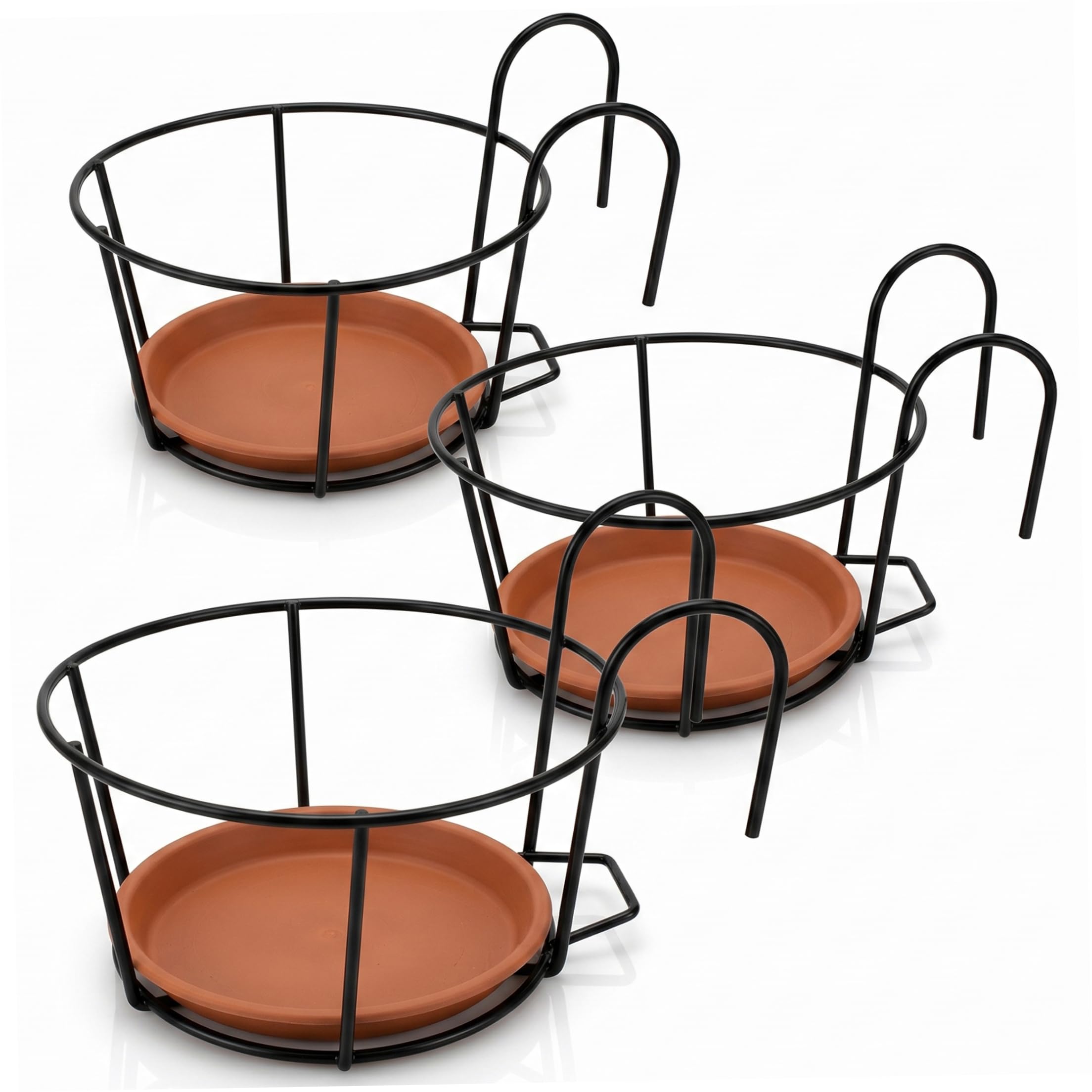 Pots fleurs ronds suspendus avec plateau anti-fuite pour éviter les coulures sur la balustrade