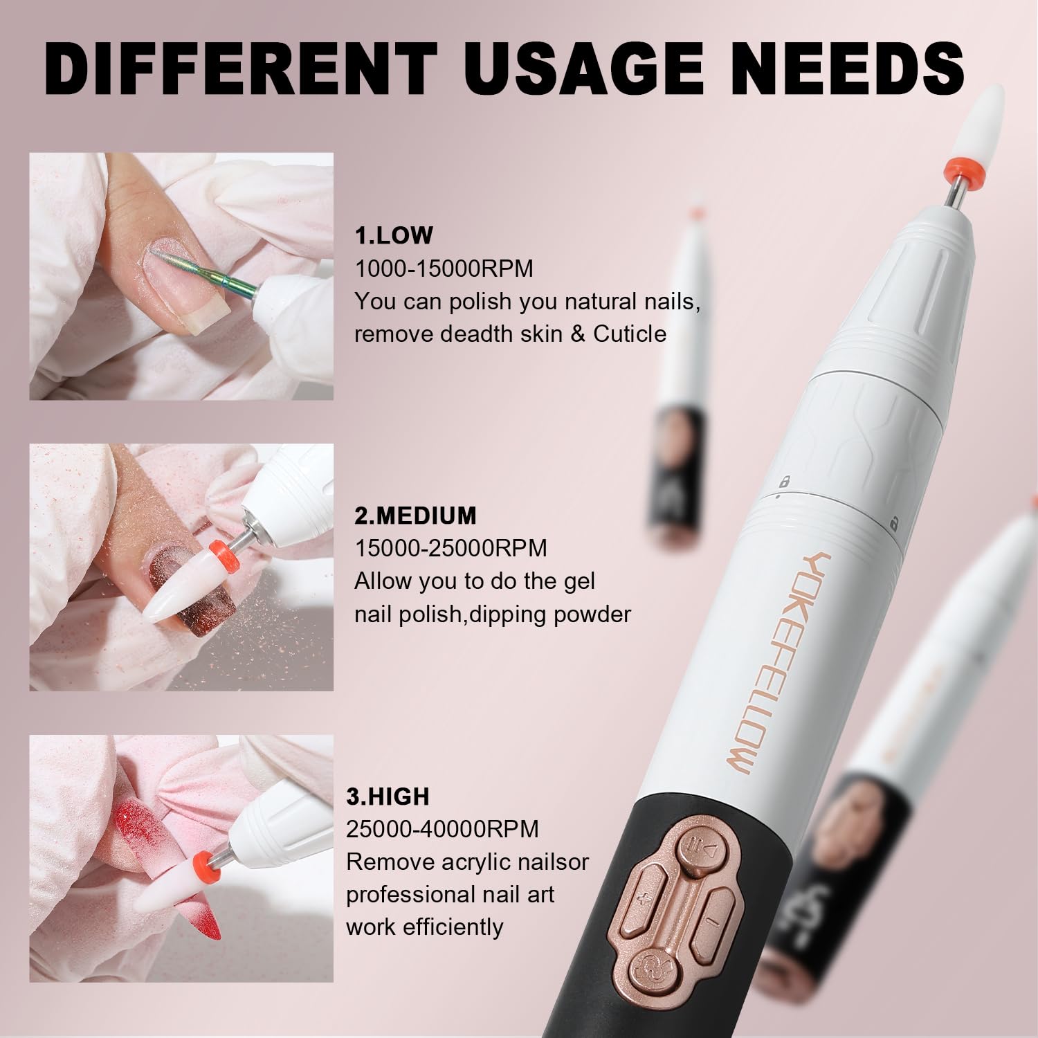 YOKE FELLOW Perceuse à ongles électrique – Lime à ongles électrique portable 40 000 tr/min pour perceuse à ongles en acrylique sans fil professionnelle avec 17 forets pour salon de manucure