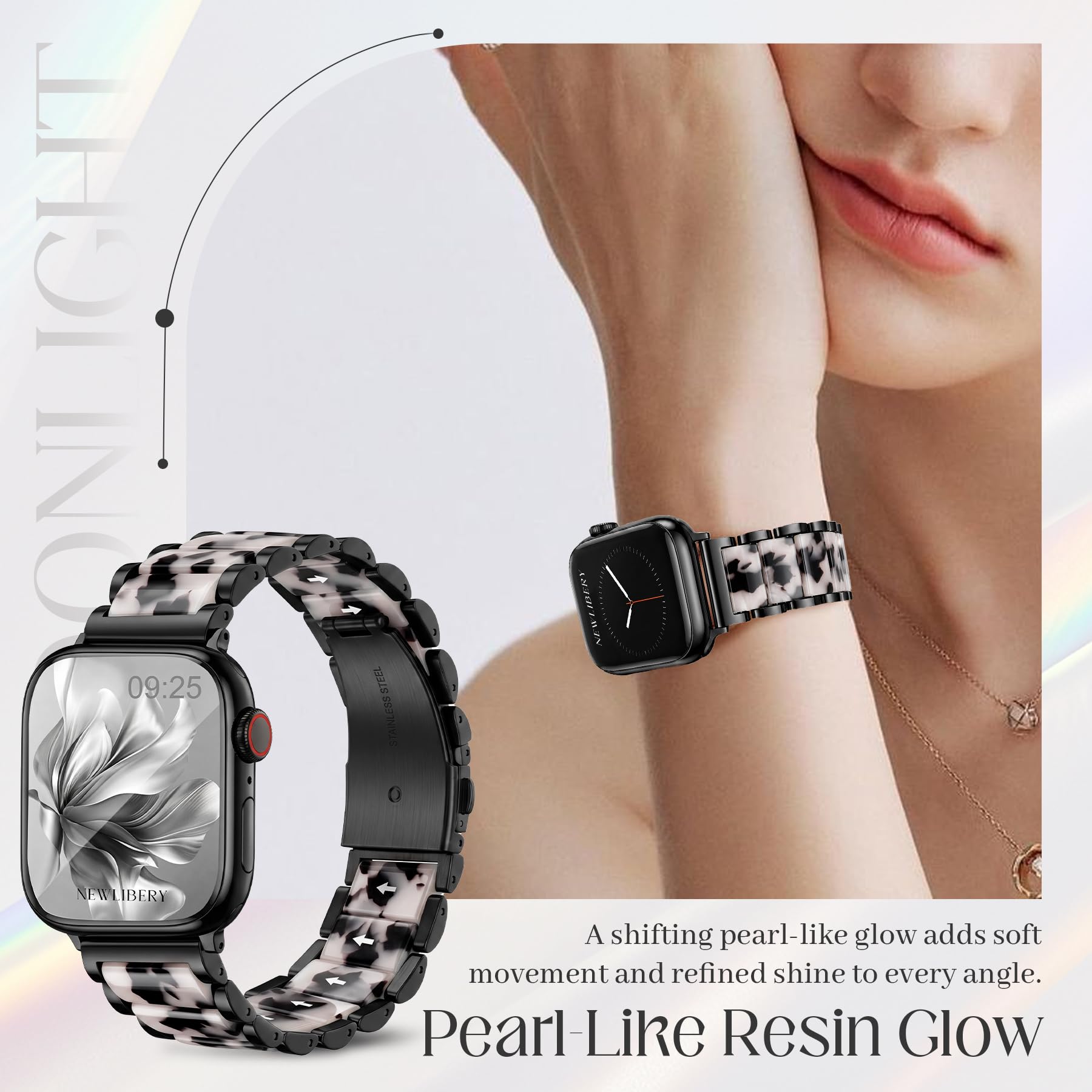 Newlibery Bracelet en résine et métal pour Apple Watch pour femme