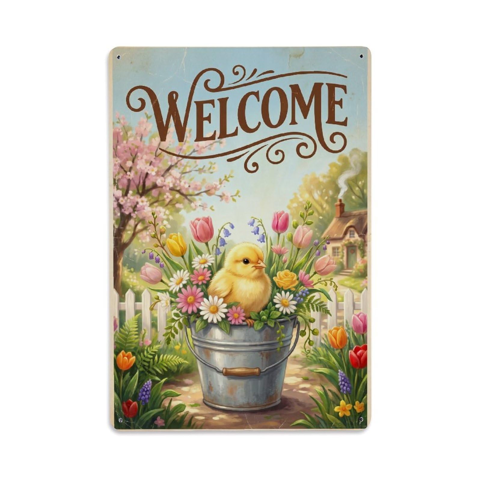 Cxhjca 8X12inch(20X30cm) [Vintage Welcome] Chick Fresh Blooms Metal Tin Sign
