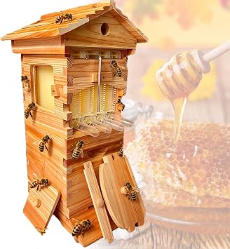 Beehive Starter Kit with 4 Flow Frames & 6 Brood Boxes, Wooden B-ee Hive House Beehive Box, with Transparent Observation Window & Automatic Honey Flow, for Home Beekeeping Enthusiasts