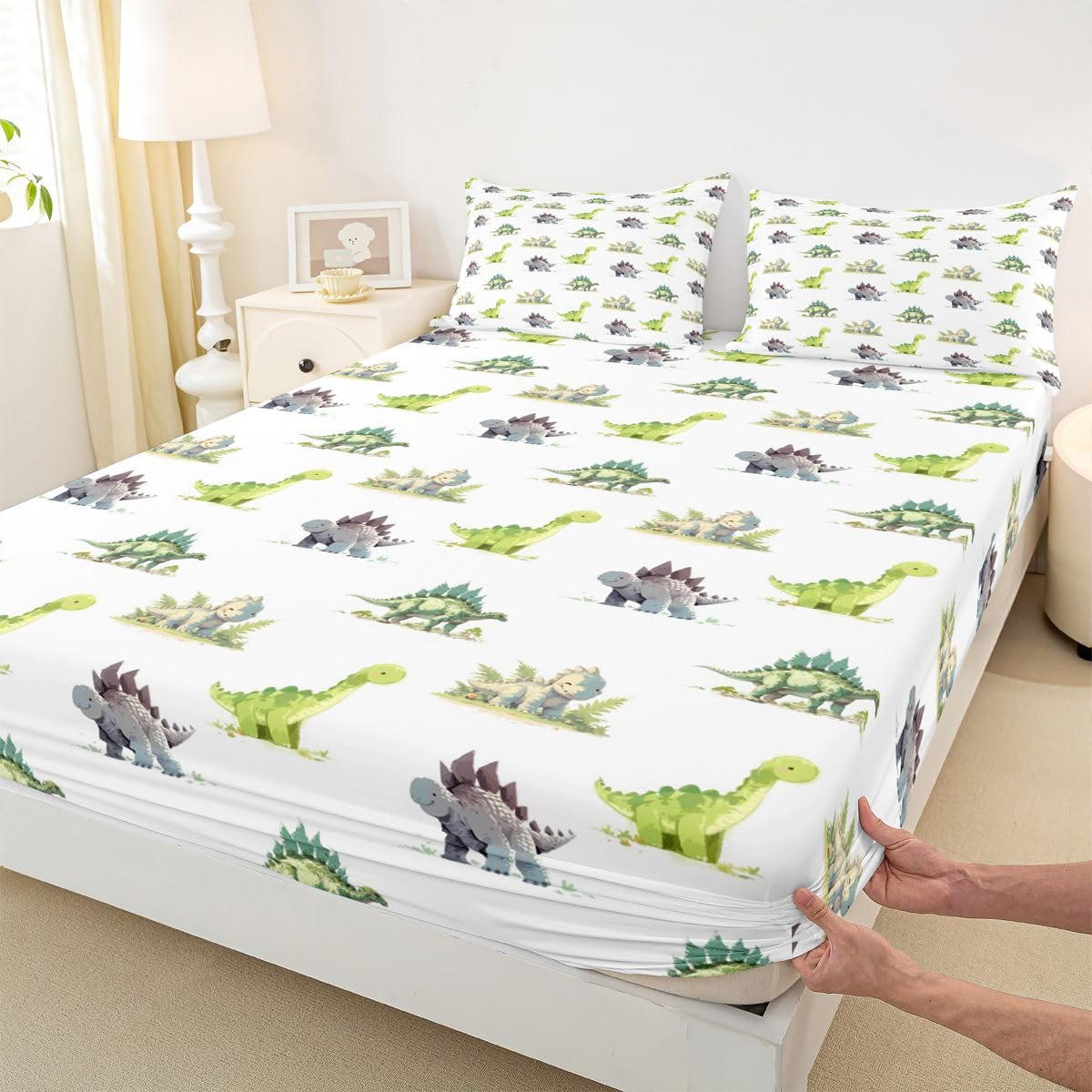 Homewish Zestaw pościeli z dinozaurem podwójny uroczy dżungla zwierzę kreskówka prześcieradła kawaii myśliwski dinozaur zestaw prześcieradeł - nowoczesna natura dinozaury dopasowane górne