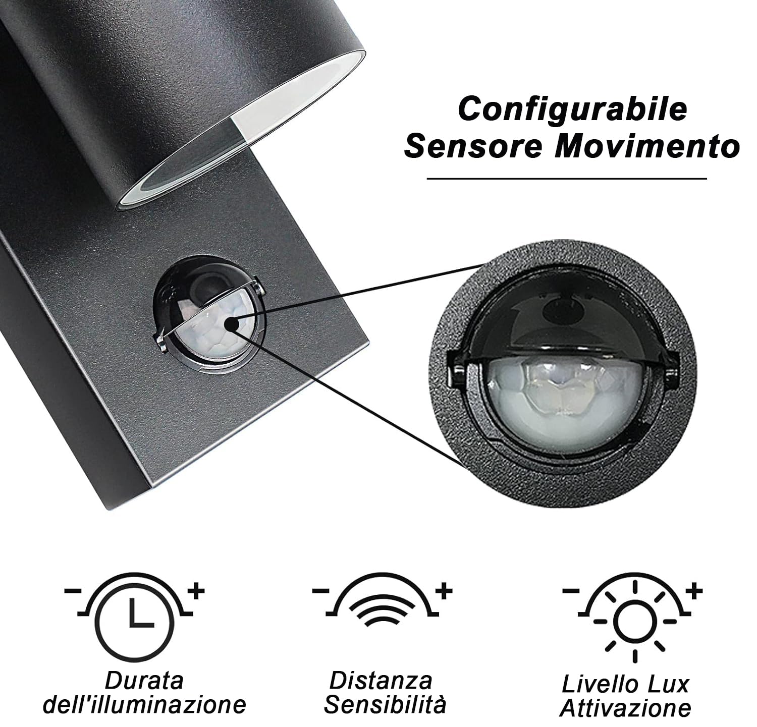 Applique da Esterno/Interno LED con Sensore di Movimento GU10,Luce Calda 5W,Lampada da Parete Esterno IP44 Faretto da Parete Moderno Nero per Scala,Corridoio,Balcone,Villa Bagno